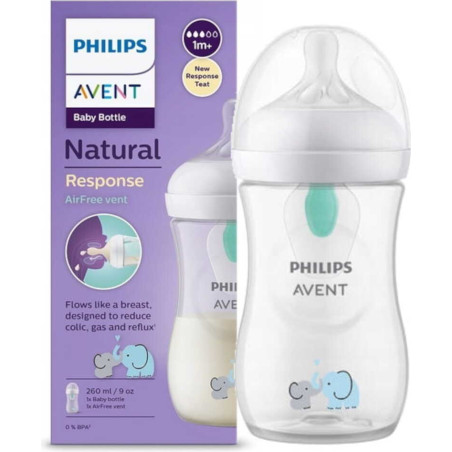 Шише с биберон без протичане 1м+ с клапа AirFree Philips-Avent Natural Response 3.0, 260мл, слон