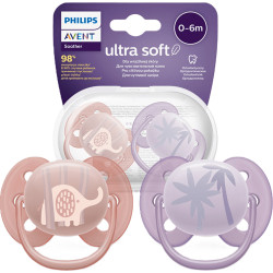 Ортодонтични залъгалки Philips-Avent Ultra Soft, 2 броя, със стерилизаторна кутия, слонче/палми, 0-6 м