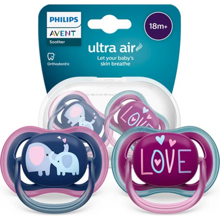 Ортодонтични залъгалки Philips-Avent Ultra Air, 2 броя, със стерилизаторна кутия, слонове/love, 18 м+