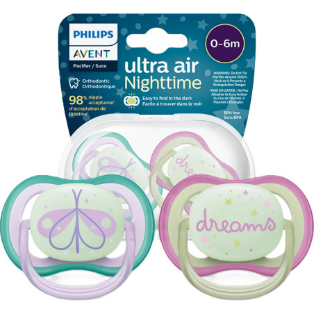 Ортодонтични залъгалки Philips-Avent Ultra Air Night, 2 броя, със стерилизаторна кутия, пеперуда/ dreams, 0-6 м