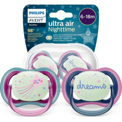 Ортодонтични залъгалки Philips-Avent Ultra Air Night, 2 броя, със стерилизаторна кутия, звезда/ dreams, 6-18 м