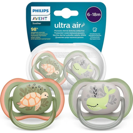 Ортодонтични залъгалки Philips-Avent Ultra Air, 2 броя, със стерилизаторна кутия, костенурка/кит, 6-18 м