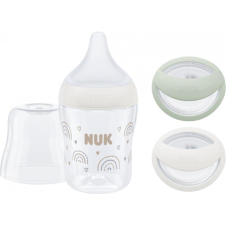 Nuk - Подаръчен Сет Perfect Match: Шише Temperature Control 150мл Дъга и залъгалка MommyFeel, зелено/бежово