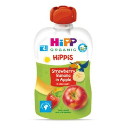 HIPP 8521 HiPPiS БИО Ябълка, ягода, банан , плодова закуска, пауч, 100 гр