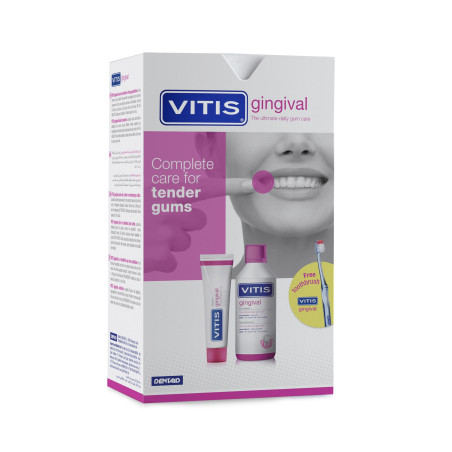 DENTAID комплект VITIS Gingival - вода за уста 500ml + паста за зъби 100ml + четка за зъби подарък