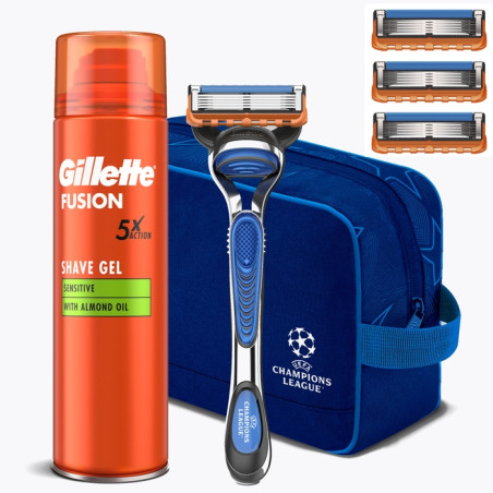 GILLETTE Fusion ProGlide дръжка с 4 ножчета + гел за бръснене 200мл + несесер Шампионска лига, комплект за мъже