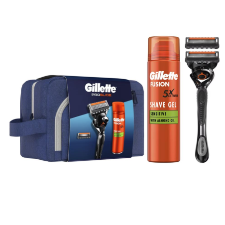 GILLETTE Fusion ProGlide дръжка с 2 ножчета + гел за бръснене 200мл + несесер, комплект за мъже