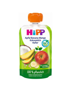 HIPP 9- ДДС 47011 БИО Ябълка, Банан, Манго, Кокосово мляко и Овес, плодова закуска, пауч, 100 гр