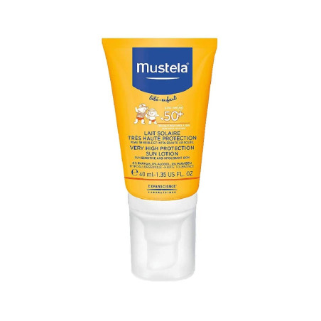 Комплект Mustela Слънцезащитен лосион за лице SPF50+ х40 мл + Мече Мусти + Непромокаем несесер за бански