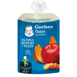 Плодова закуска Nestle Gerber Natural - Пауч с ябълки, моркови и тиква, 150 g