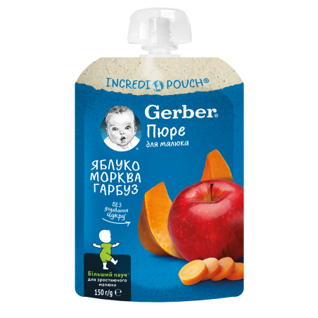 Плодова закуска Nestle Gerber Natural - Пауч с ябълки, моркови и тиква, 150 g