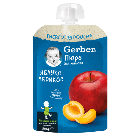 Плодова закуска Nestle Gerber Natural - Пауч с ябълки и кайсии, 150 g