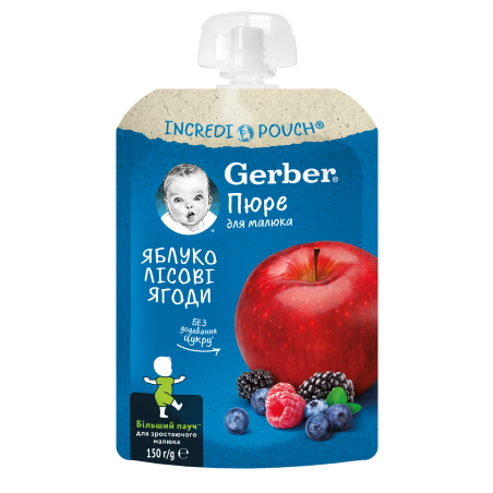 Плодова закуска Nestle Gerber Natural - Пауч с ябълки и горски плодове, 150 g