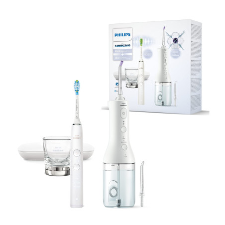Орален душ Philips Sonicare Power Flosser 3000 Interdental и Звукочестотна четка за зъби Diamond Clean, серия 9000, бяла HX3866/