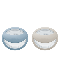 NUK биберон залъгалка силикон 0-9 мес. 2 бр. Mommy Feel, синя/сива + кутийка за съхранение и стерилизация в микровълнова