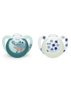 NUK биберон залъгалка силикон 6-18 мес. 2бр STAR NIGHT-DAY светеща - момче
