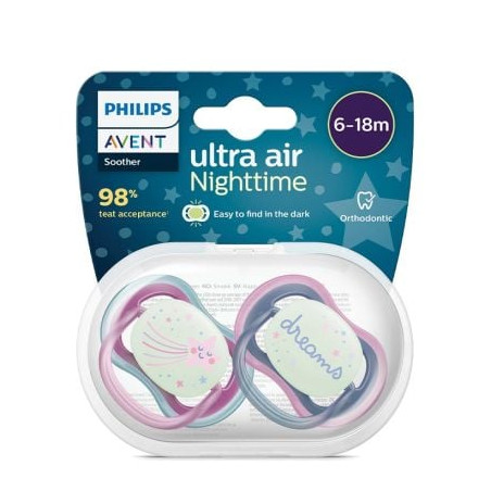 2 бр. светещи в тъмното ортодонтични залъгалки Philips Avent Ultra Air Night 6-18м с декорация Звезди и Мече в кутия за стерилиз