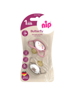 Залъгалки NIP Butterfly, 0-32 месеца, 2 бр., с плосък вал, каучук