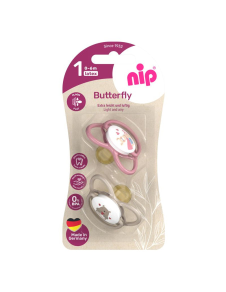 Залъгалки NIP Butterfly, 0-32 месеца, 2 бр., с плосък вал, каучук