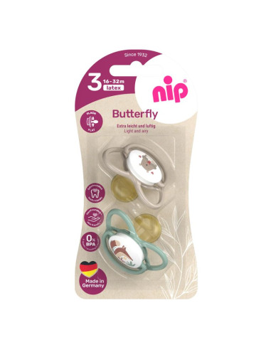 Залъгалки NIP Butterfly, 0-32 месеца, 2 бр., с плосък вал, каучук