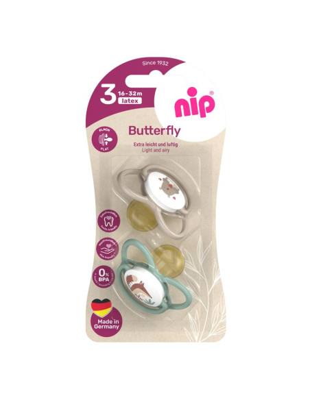 Залъгалки NIP Butterfly, 0-32 месеца, 2 бр., с плосък вал, каучук