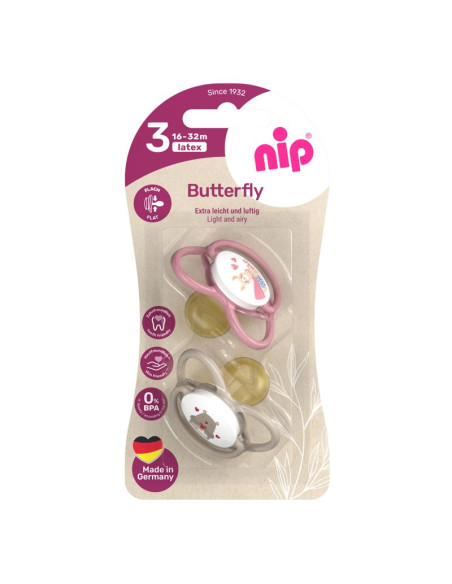 Залъгалки NIP Butterfly, 0-32 месеца, 2 бр., с плосък вал, каучук