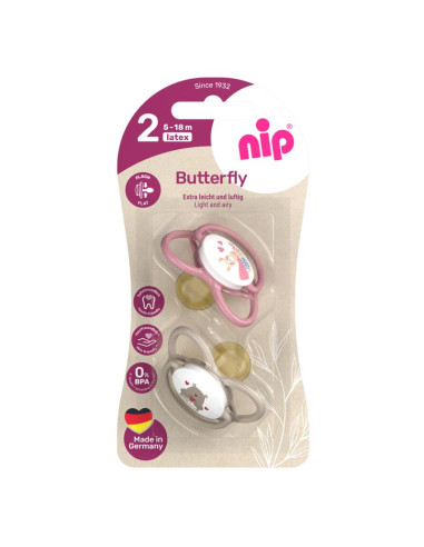 Залъгалки NIP Butterfly, 0-32 месеца, 2 бр., с плосък вал, каучук