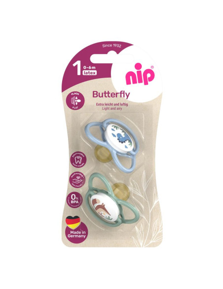 Залъгалки NIP Butterfly, 0-32 месеца, 2 бр., с плосък вал, каучук