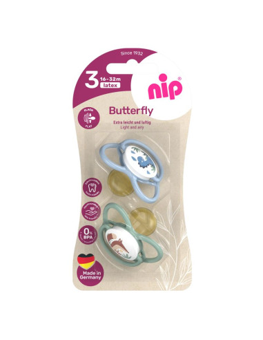 Залъгалки NIP Butterfly, 0-32 месеца, 2 бр., с плосък вал, каучук