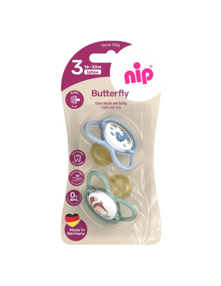 Залъгалки NIP Butterfly, 0-32 месеца, 2 бр., с плосък вал, каучук
