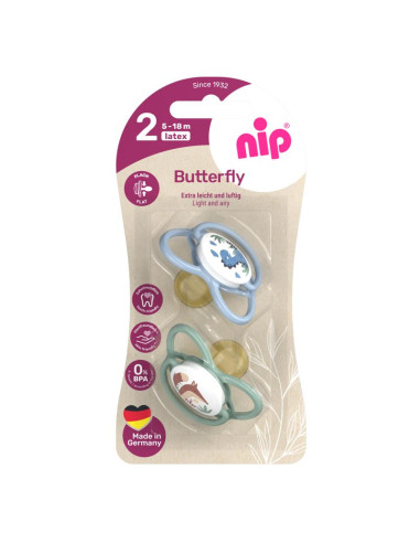 Залъгалки NIP Butterfly, 0-32 месеца, 2 бр., с плосък вал, каучук