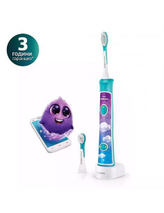 Philips Sonicare Детска звукочестотна четка за зъби For Kids, с вграден Bluetooth, Aqua HX6322/04