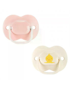 Комплект от 2 бр. ортодонтични залъгалки Tommee Tippee ANY TIME със симетричен силиконов биберон, 0-6м, розово и крем с декор