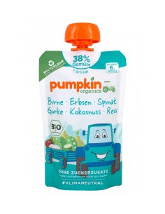 Пюре от круша, грах, спанак, краставица и кокос - био, Pumpkin Organics, 100 г