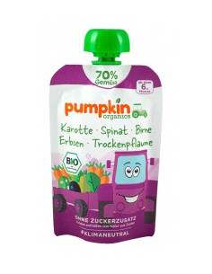 Пюре от морков, спанак, круша, грах и синя слива - био, Pumpkin Organics, 100 г