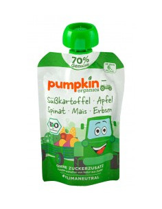 Пюре от сладък картоф, ябълка, спанак, царевица и грах - био, Pumpkin Organics, 100 г
