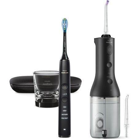 Комплект Орален душ Philips Sonicare Power Flosser 3000 Interdental и Звукова електрическа четка за зъби Diamond Clean серия 900