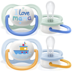 Ортодонтични залъгалки Philips-Avent Ultra Air Happy, 2 броя, със стерилизаторна кутия, надпис/лодка, 0-6м