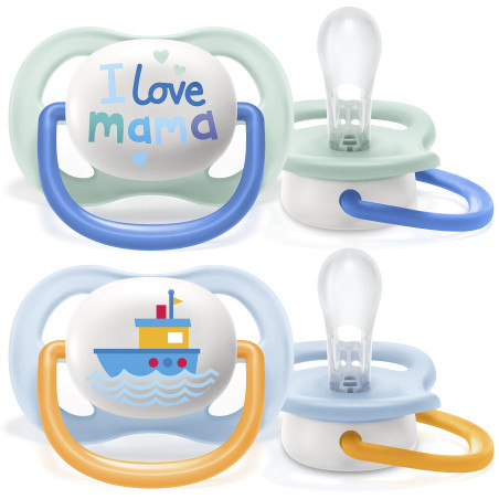 Ортодонтични залъгалки Philips-Avent Ultra Air Happy, 2 броя, със стерилизаторна кутия, надпис/лодка, 0-6м