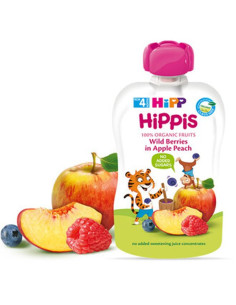 БИО Плодово пюре Hipp HiPPiS ябълка и праскова с горски плодове 100гр.
