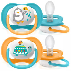 Ортодонтични залъгалки Philips-Avent Ultra Air Animals 2 броя, със стерилизаторна кутия, пингвин/костенурка, 6-18м