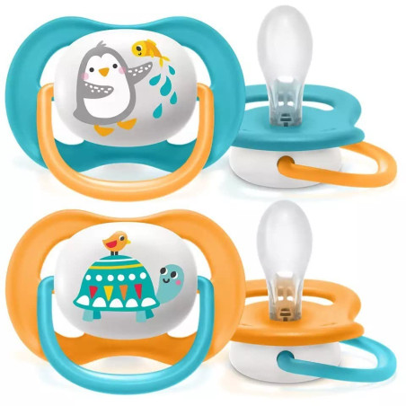 Ортодонтични залъгалки Philips-Avent Ultra Air Animals 2 броя, със стерилизаторна кутия, пингвин/костенурка, 6-18м