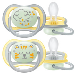 Ортодонтични залъгалки Philips-Avent Ultra Air, 2 броя, със стерилизаторна кутия, 18м+, неутрални нощни