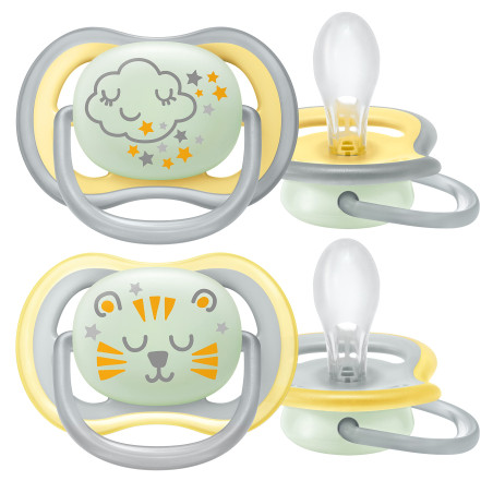 Ортодонтични залъгалки Philips-Avent Ultra Air, 2 броя, със стерилизаторна кутия, 18м+, неутрални нощни