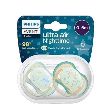 Залъгалка Philips-Avent Ultra Air, със стерилизаторна кутия, нощни, 2 броя, 0-6м