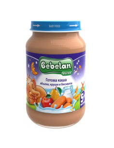 Бебешка млечна каша Bebelan Puree ябълки, круши и бисквити 4+м 190гр.