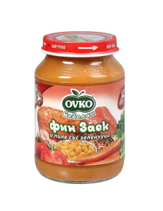 Бебешко пюре Bebelan Ovko фин заек и пилешко месо със зеленчуци 5+м 190гр.