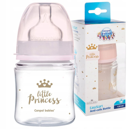 Шише антиколик с широко гърло Canpol Easy Start Royal Baby, 120 мл, розово