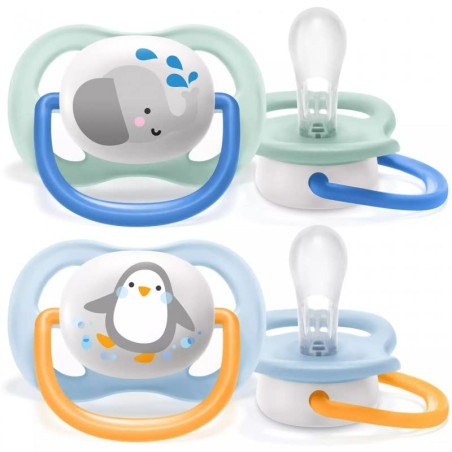 Ортодонтични залъгалки Philips-Avent Ultra Air+, 2 броя, със стерилизаторна кутия, момче, слон/пингвин, 0-6м