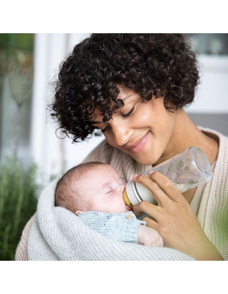 Бебешко шише за хранене стъклено NIP Cherry Green Flow M, 240мл, 0 месеца +